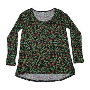 LuLaroe Irma Tunic Green Red Roses Geometric Pattern Women's Size Medium Shirt‎
